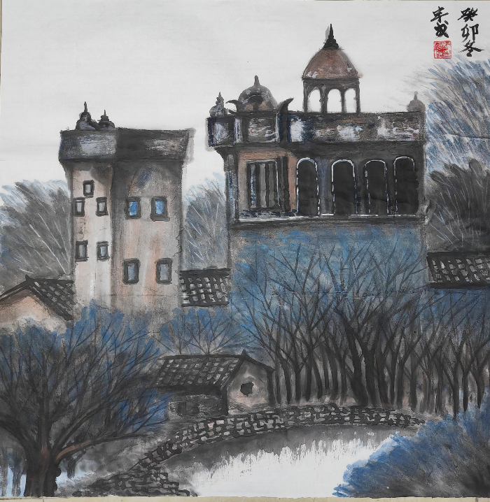 雕樓人家二，國(guó)畫，4尺斗方，林宇成.jpg